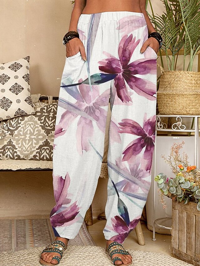 Women's Chinos Pants Trousers Active Fashion Long High Waist Floral Pocket Elastic Waist Printing Breathability Soft Micro-elastic Vacation Street Daily Wear Purple Green Spring Fall Regular Fit4