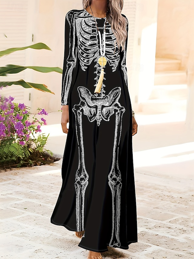  Halloween dámské šaty maxi s potiskem lebek shift šaty A-line šaty ležérní denní regular fit grafika býk dlouhý rukáv kulatý výstřih černá fialová podzim zima