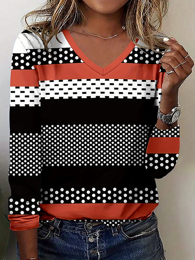 Women's T Shirt Graphic Geometric Polka Dot Vintage Stylish Classic Long Sleeve V Neck Regular Tops Daily Print Orange Summer Spring Fall4