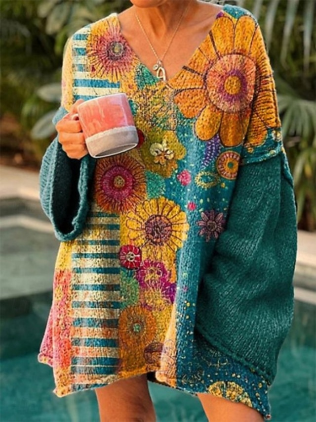  Γυναικεία Πουλόβερ Καθημερινό Μαλακή Φλοράλ Γραφική Κοτλέ Λαιμόκοψη V Πλεκτό Στάμπα Μακρυμάνικο Μακριές μπλούζες Πλέκω ΕΞΩΤΕΡΙΚΟΥ ΧΩΡΟΥ Καθημερινά Σαββατοκύριακο Κίτρινο Κρασί Άνοιξη Φθινόπωρο