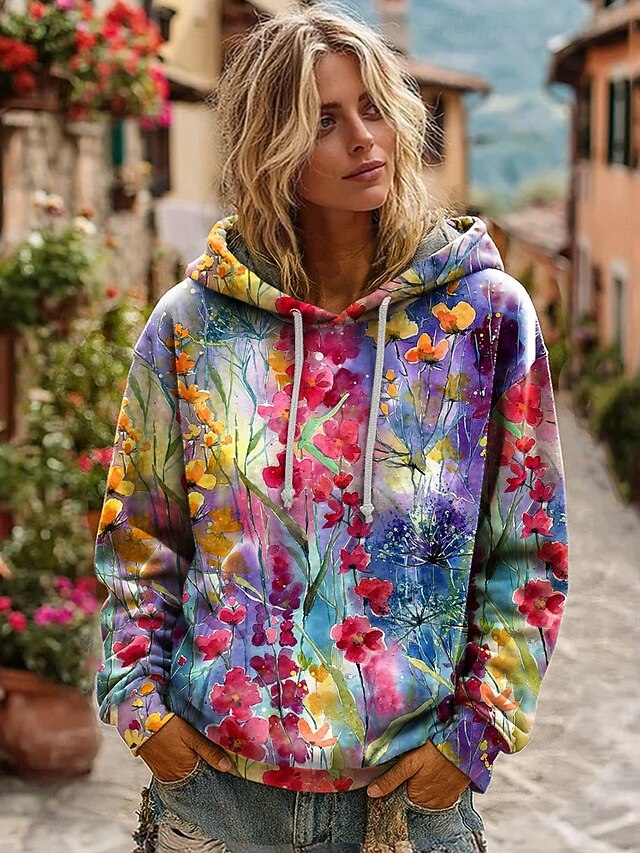 Floral patchwork 3/4 sleeve hoodie with ruffle bottom (Small - 3X)