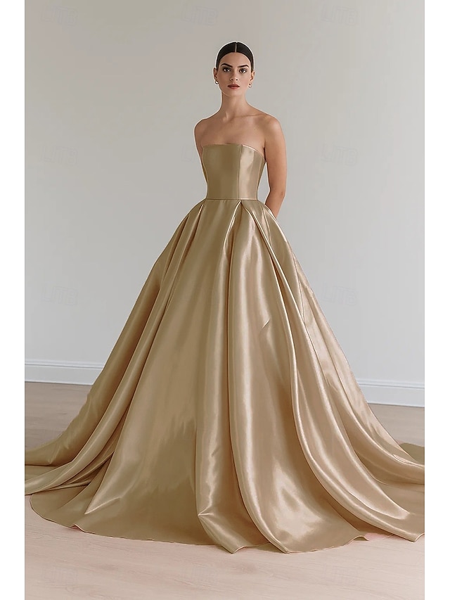  Vestido de baile de cetim elástico, vestido de noite elegante, vestido formal de casamento, cauda longa, sem mangas, sem alças, com pregas e cadarço 2025