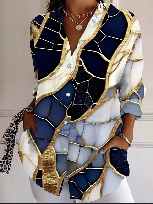 Women's Shirt Graphic Abstract Active Daily Stylish Long Sleeve Shirt Collar Regular Tops Daily Holiday Buttons Print Royal Blue Spring Fall4
