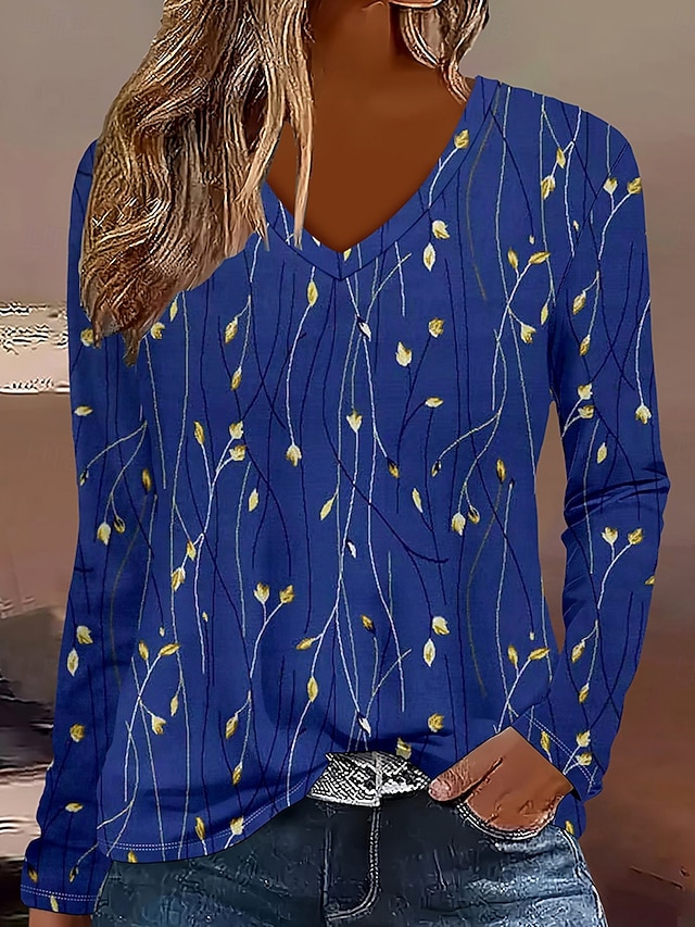  Femmes T-shirt Fleuri Graphique Plantes ancien Élégant Classique manche longue Col en V Hauts Réguliers Quotidien Imprimé bleu marine Printemps Automne Hiver