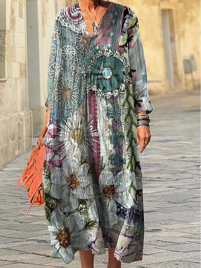 Women's Midi Dress Sundress A Line Dress Vacation Casual Boho Going out Beach Loose Fit Graphic Geometric Long Sleeve V Neck Red Purple Green Spring Fall Winter Autumn4