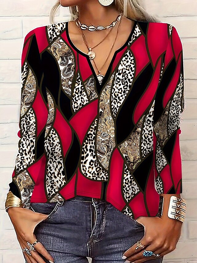 Women's T Shirt Graphic Geometric Vintage Stylish Classic Long Sleeve Notched Neck Regular Tops Daily Weekend Print Pink Red Spring Fall4