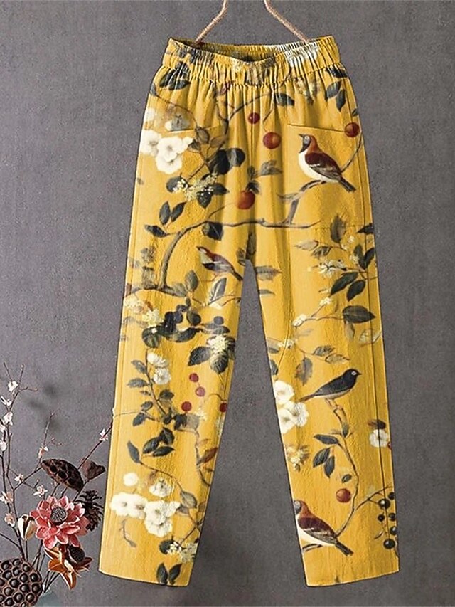 Women's Wide Leg Chinos Slacks Vacation Vintage Ethnic Style Full Length High Waist Floral Graphic Bird Pocket Comfy Breathability Lightweight Inelastic Outdoor Vacation Causal White Yellow Dusty Blue4