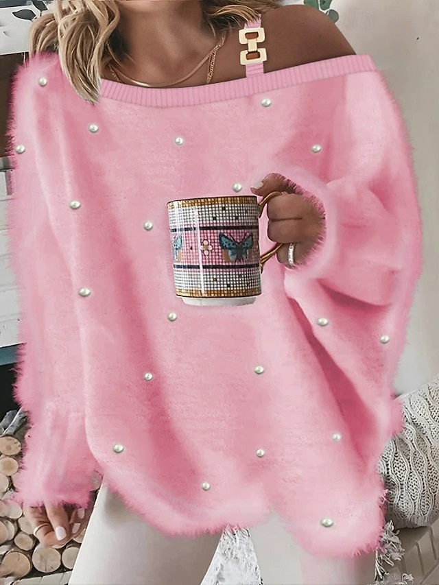  Femmes T-shirt Uni Occasionnel manche longue Une Épaule Hauts Réguliers Quotidien Sortir Week-end Blanche Rose Claire Été