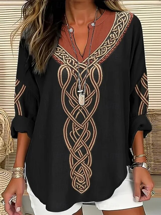 Women's Shirt Geometric Daily Retro Vintage Long Sleeve V Neck Regular Tops Daily Holiday Print Yellow Summer Spring Fall4