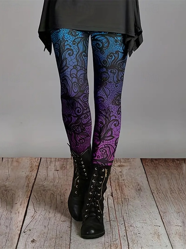  Mulheres Calças Leggings Leggings aconchegantes Roupa de rua Casual Comprimento total Cintura Alta Floral Cintura elástica Imprimir Respirabilidade Confortável Com Stretch Férias Rua Roupa Diária Azul