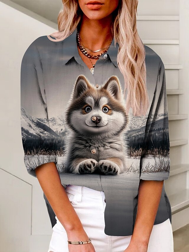 Women's Shirt Animal Active Daily Stylish Long Sleeve Shirt Collar Regular Tops Daily Holiday Buttons Print Gray Summer Spring Fall4