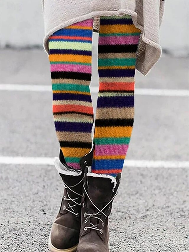 Women's Pants Trousers Leggings Cozy Leggings Streetwear Casual Full Length High Waist Striped Elastic Waist Print Breathability Comfortable Stretchy Vacation Street Daily Wear Rainbow Summer Spring4