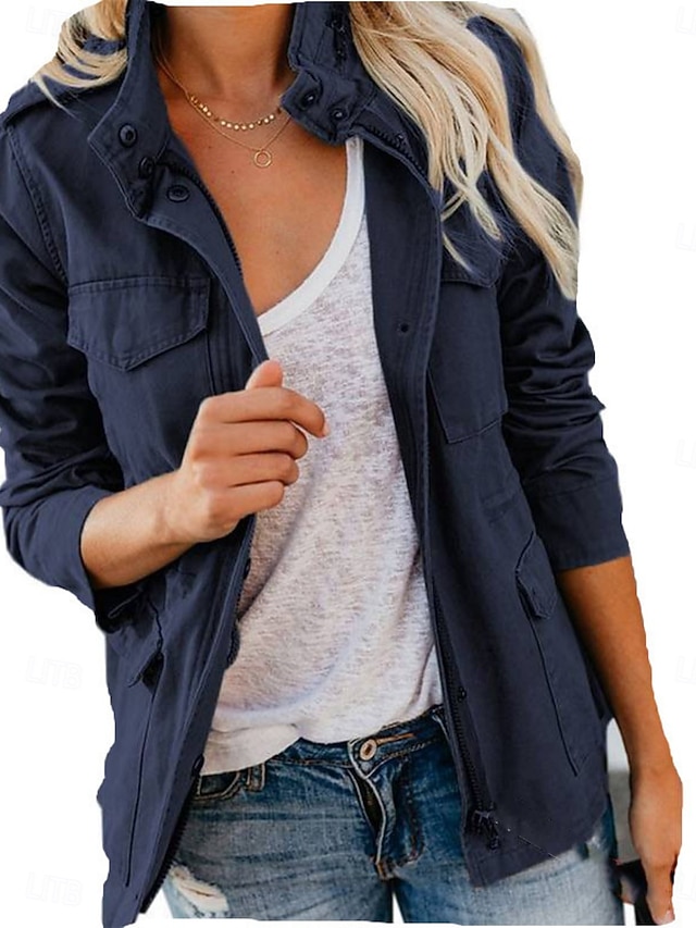  Mulheres Jaqueta casual Confortável Respirável Zíper Bolsos Moda Casual Tecido Férias Rua Casual Roupa Diária Zíper Padrão Colarinho Chinês Normal Manga Longa agasalhos Preto Vinho Marron Verão