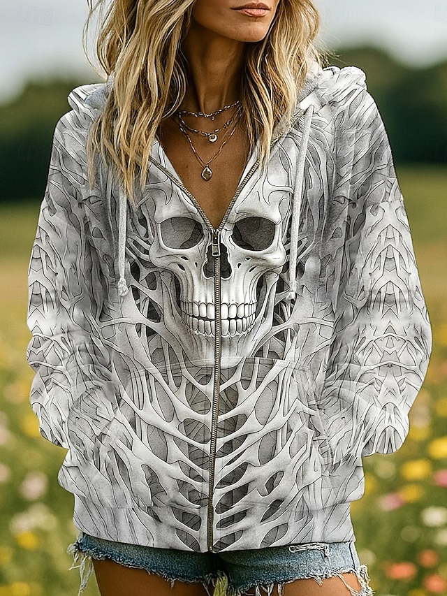  Mulheres Moletom com zíper Gráfico Caveiras Abóbora Moda Casual Manga Longa Com Capuz Tops regulares Rua Dia a Dia Zíper Bolsos Imprimir Preto Vermelho Laranja Marron Cinzento Primavera Outono Inverno