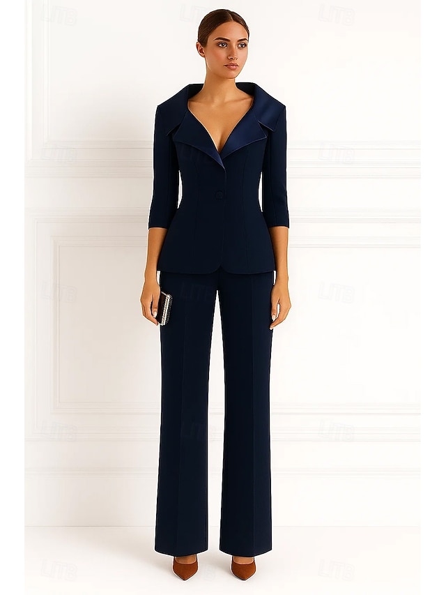  tuta due pezzi / tailleur pantalone tailleur pantalone abito da madre della sposa in crepe elasticizzato per invitata al matrimonio elegante semplice revers in raso lunghezza pavimento manica lunga
