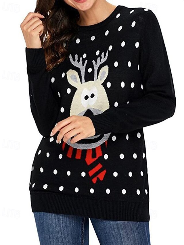 Women's Sweater Pullover Casual Reindeer Ribbed Crew Neck Knitted Print Long Sleeve Regular Tops Knit Christmas Daily Holiday Black Winter4