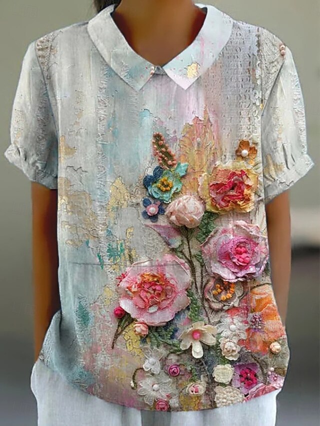 Women's Shirt Floral Daily Casual Short Sleeve Shirt Collar Regular Tops Daily Holiday Buttons Print Blue Green Summer Spring4