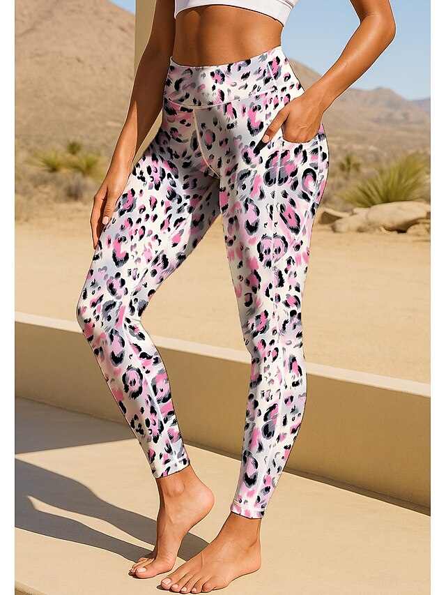 Women's pilates leggings fitness pants Gym Leggings Pockets Stamp Duty Side Pockets Pilates Gym Gym Workout Pants Tights Leggings Graphic Leopard Print Pink Sports Activewear Stretchy Tight Fit4