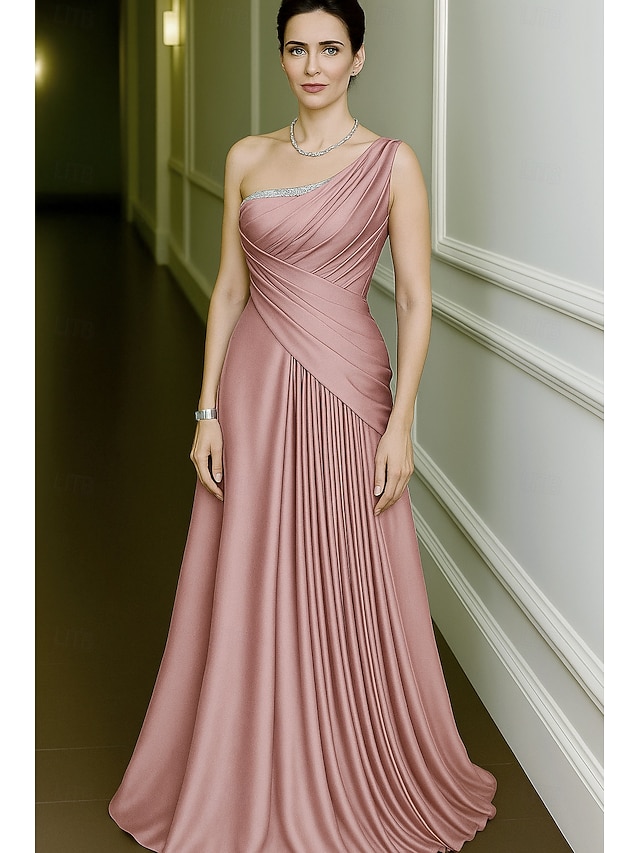  A-Linie Abendkleid Elegant Formelle Kleidung Formell Hochzeit Bodenlang Ärmellos Ein-Schulter Stretch Satin mit Falten Gerafft 2025
