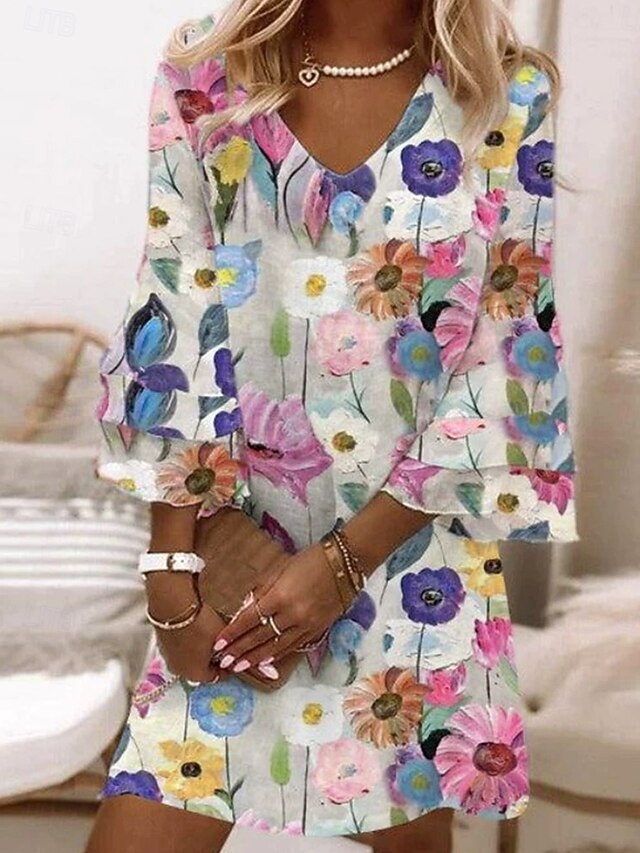 Women's Mini Dress Sundress A Line Dress Bohemia Vacation Casual Party Regular Fit Floral Graphic Abstract 3/4 Length Sleeve V Neck Pink Purple Light Blue Spring Fall4