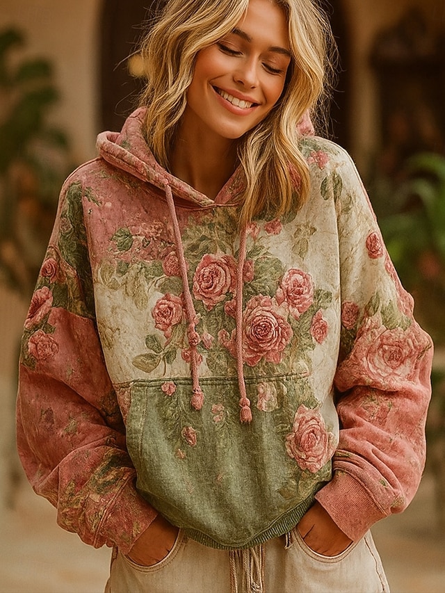  Női Pulóver Hoodie pulóver Virágos Grafika Alkalmi Boho Hosszú ujj Kapucni Normál felsők Utca Hétköznapi Kollázs Nyomtatott Elülső zseb Sárga Arcpír rózsaszín Bíbor Lóhere Tavasz Ősz Tél