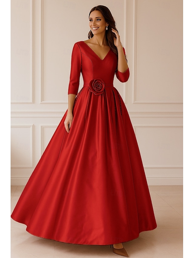  Ligne A Robe de Soirée Élégant Robe de soirée Formel Mariage Longueur au sol Manche 3/4 Col en V Satin Extensible avec Froncé 2025