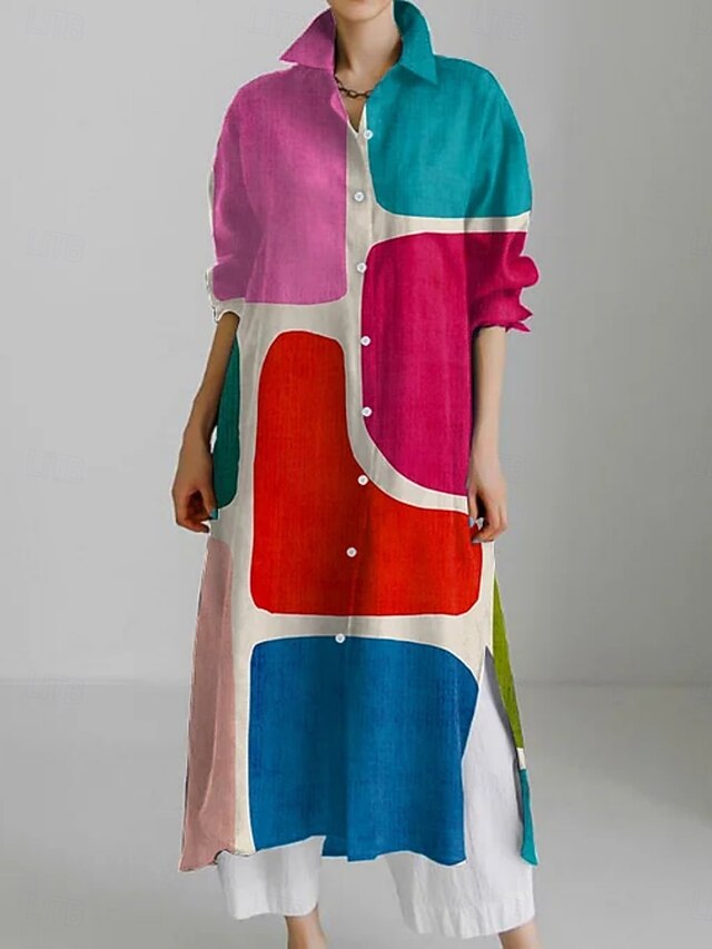 Women's Midi Dress Shirt Dress Casual Dress Fashion Modern Daily Holiday Weekend Regular Fit Geometric Color Block 3/4 Length Sleeve Shirt Collar Blue Fuchsia Orange Summer Spring Fall4
