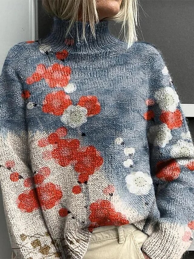 Women's Pullover Vacation Daily Floral Animal Ribbed Turtleneck Print Long Sleeve Regular Tops Knit Outdoor Daily Holiday Wine Red Fall Winter4