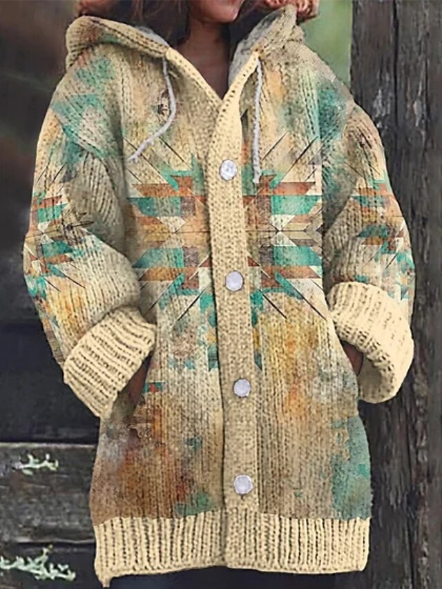 Women's Cardigan Vacation Vintage Daily Graphic Geometric Color Block Ribbed Hooded Knitted Print Front Pocket Long Sleeve Regular Tops Knit Outdoor Daily Holiday Khaki Beige Fall Winter4