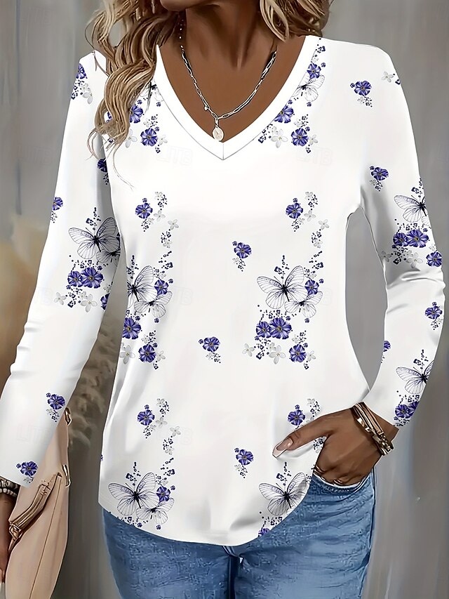 Easter Women's T Shirt Floral Graphic Plants Vintage Stylish Classic Long Sleeve V Neck Regular Tops Daily Print Purple Spring Fall Winter4