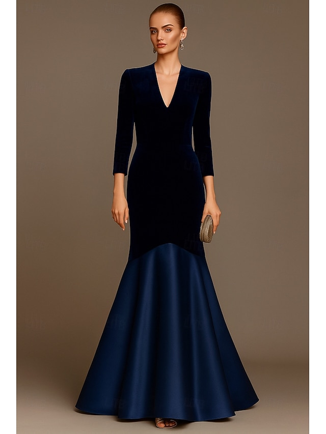  Vestido de noite sereia/trompete em veludo azul, elegante, formal, para casamento, comprimento até o chão, manga comprida, decote em V com pregas, 2025