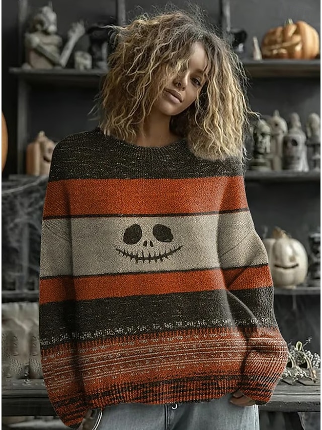  Női Pulóver aranyos stílus Utcai sikk Alkalmi Grafika Állat Terített nyak Kollázs Kötött Hosszú ujj Normál felsők Kötött Munka Halloween Narancssárga Barna Ősz Tél