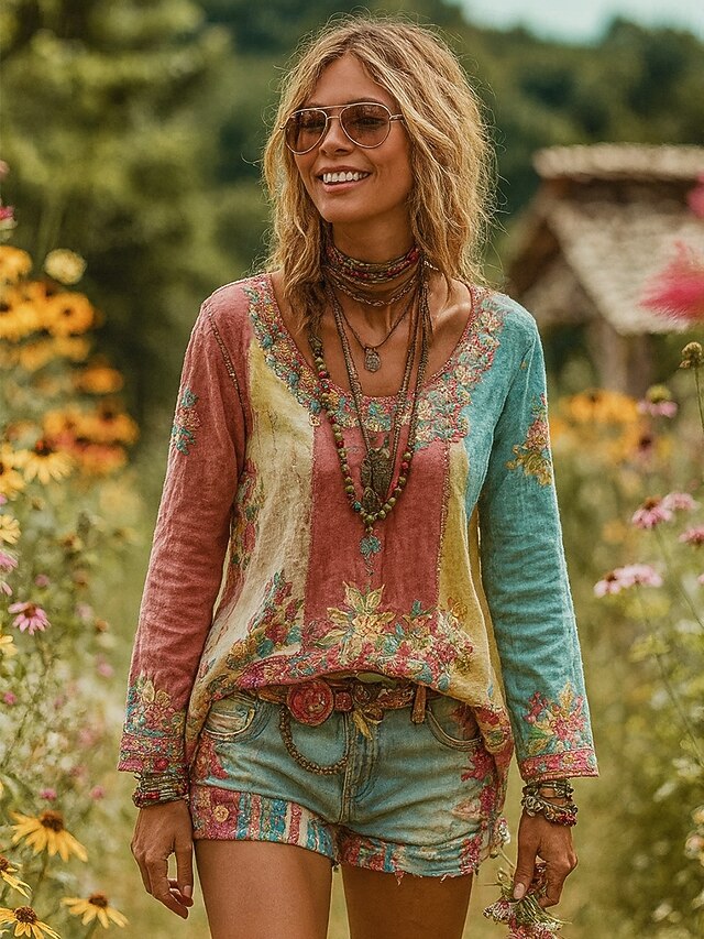 Women's T shirt Long Sleeve Graphic Plants Bohemia Vintage Stylish Long Sleeve Round Neck Regular Tops Daily Weekend Print Yellow Pink  Spring Prefall3