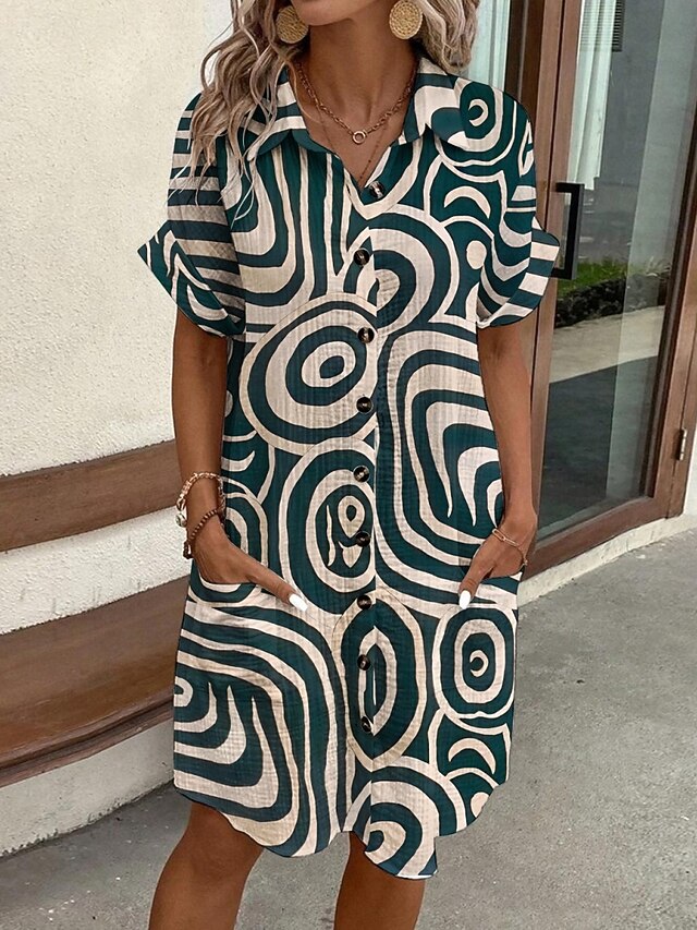 Women's Mini Dress Shirt Dress Casual Dress Print Dress Fashion Modern Daily Beach Weekend Regular Fit Geometric Short Sleeve Shirt Collar Green Summer Spring Fall Autumn4