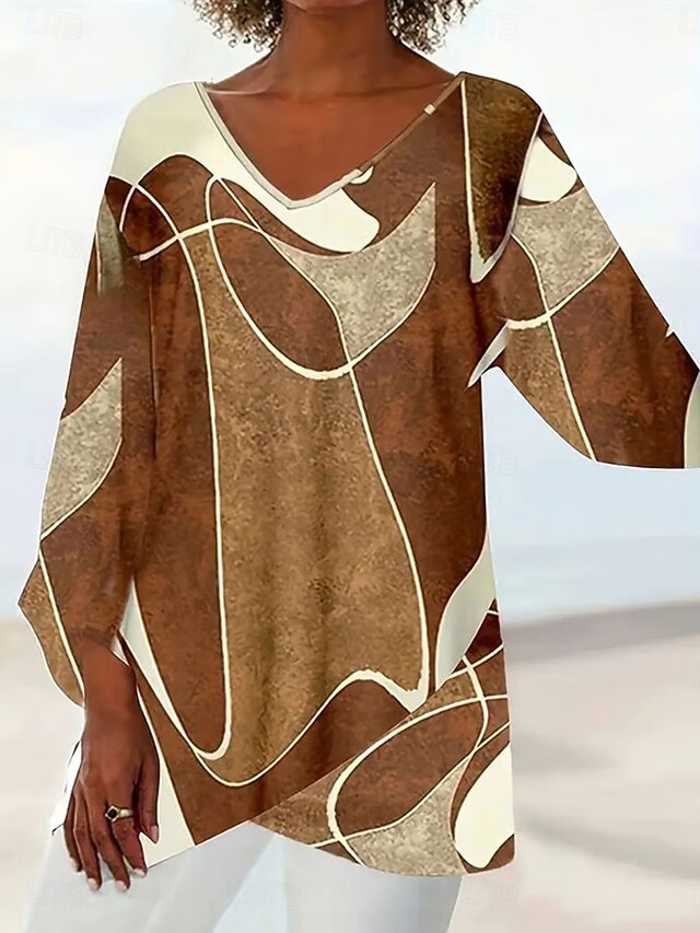 Women's Blouse Graphic Geometric Abstract Hawaiian Stylish Casual Long Sleeve V Neck Regular Tops Daily Holiday Going out Print Khaki Summer Spring Fall4