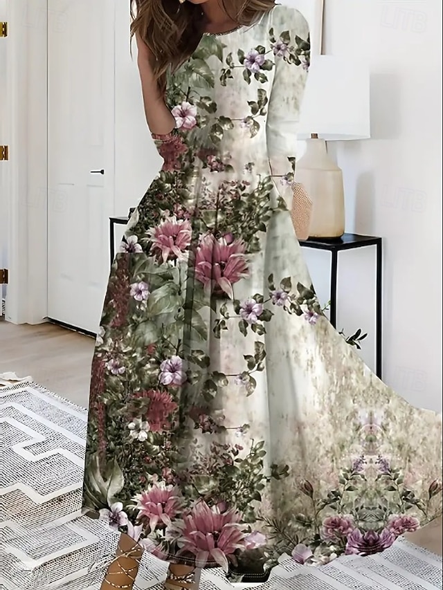  Påske Dame Maxikjole Kjole med A-linje Fit And Flare Dress Ferie Fritid Bohem Fest Daglig Ut på byen Normal Blomstret Grafisk Polkadotter Ermeløs Crew-hals Beige Sommer Vår Høst Vinter