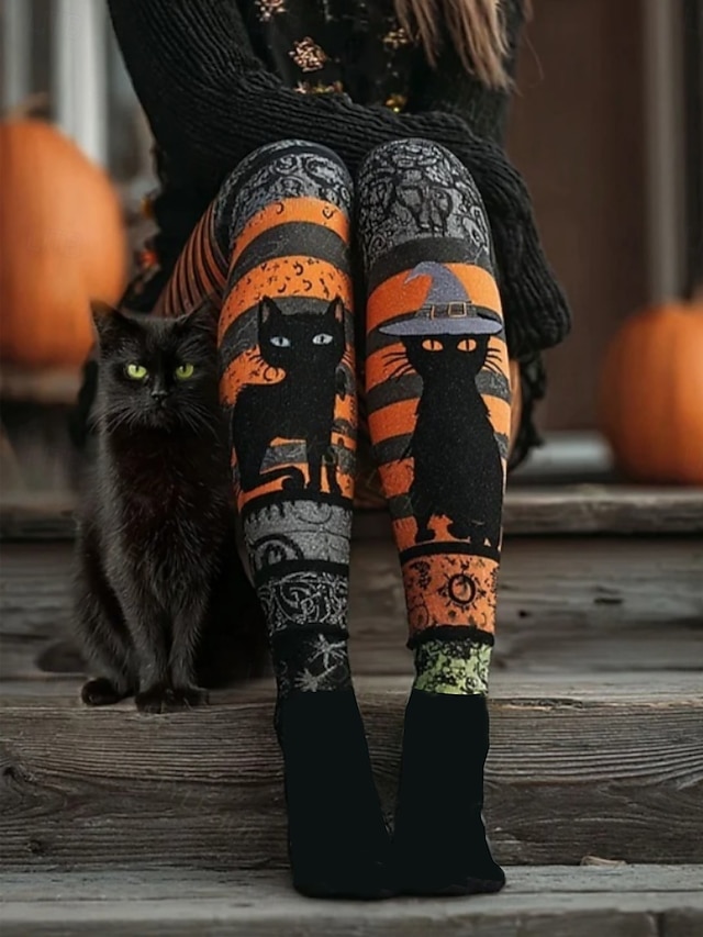  Mulheres Leggings Férias Vintage Moda Comprimento total Cintura AltaPantsHalloween Gráfico Caveiras Gato Estampado Macio Respirável Com Stretch Ao ar livre Férias Rua Cinza escuro Cinzento Claro