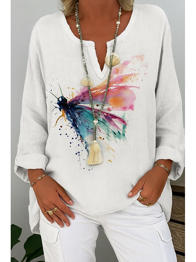 Women's Cotton Linen Shirt Graphic Butterfly Abstract Elegant Bohemia Vintage Long Sleeve V Neck Regular Tops Daily Holiday Red Blue Green Summer Spring4