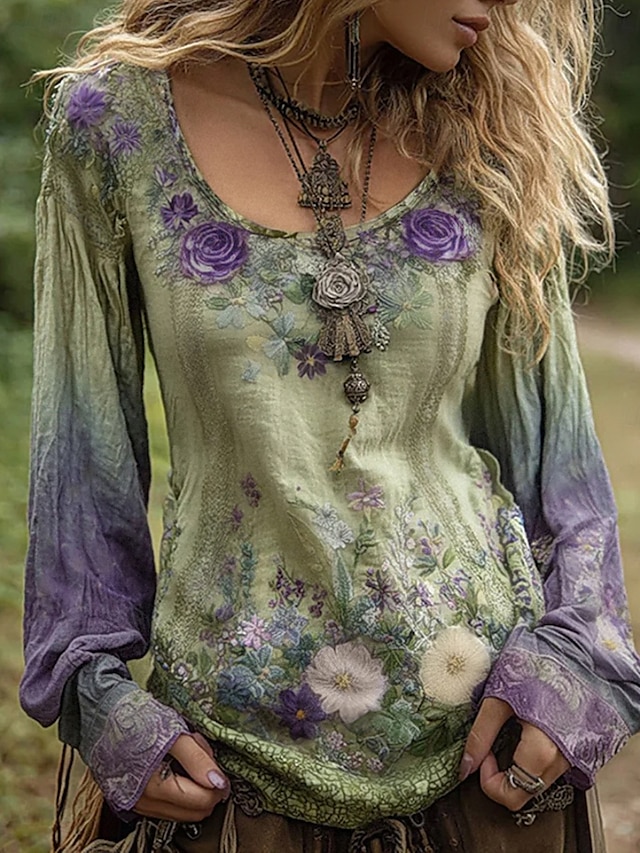  Women's Blouse Graphic Vintage Daily Casual Long Sleeve V Neck Regular Tops Tribal Vintage Designer Basic Print Vacation Street Going out Daily Holiday Print Green Summer Spring Fall