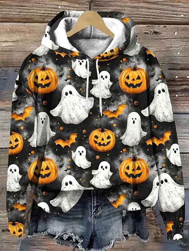 Halloween Women's Pullover Hoodie Sweatshirt Ghost Graphic Pumpkin Fashion Casual Print Long Sleeve Hooded Regular Tops Street Dailywear Drawstring Print Black White Orange Fall Winter4