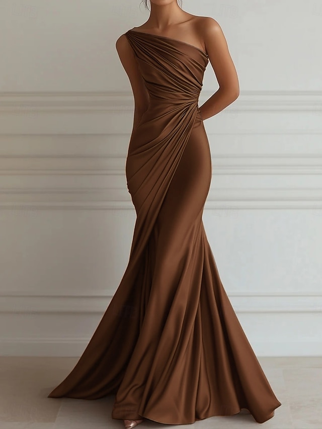 Mermaid/Trumpet Floor Length Sleeveless One Shoulder  Wedding Guest Dresses Chiffon with Pleats