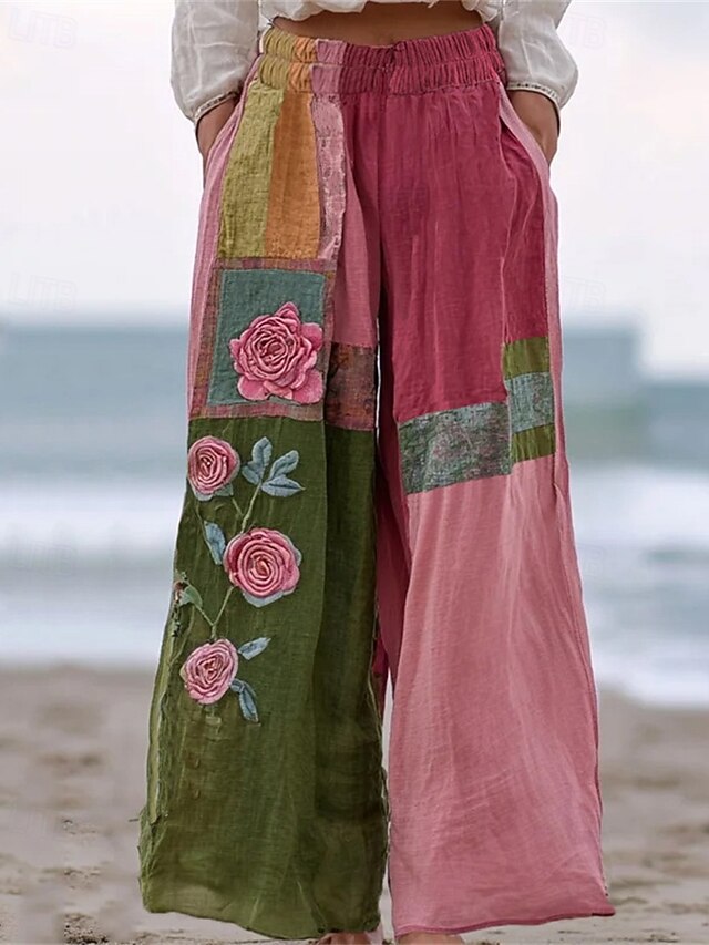 Women's Wide Leg Pants Trousers Palazzo Pants Vintage Boho Full Length High Waist Flower Elastic Waist Printing Breathability Comfortable Street Daily Wear Going out Pinky Spring Fall Regular Fit4