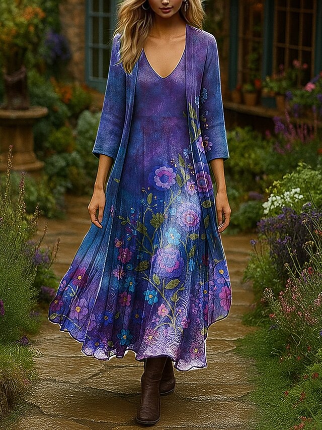  Femmes Robe Ensemble Robe Maxi Robe trapèze Vacances Boho Fleuri Graphique Superposé Imprimé Robe maxi Manche 3/4 Col en V Extérieur Quotidien Rouge Bleu Violet Claire Été Printemps Coupe régulière
