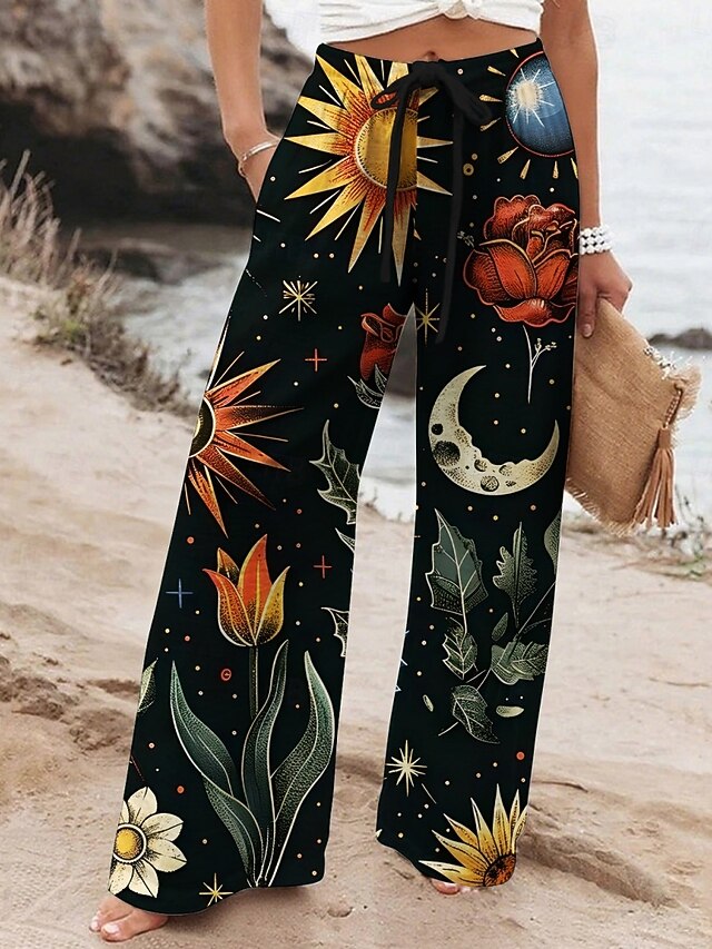Women's Wide Leg Pants Trousers Vacation Casual Long High Waist Floral Elastic Waist Printing High Cut Breathability Soft Micro-elastic Vacation Street Daily Wear Black White Yellow Spring Fall4