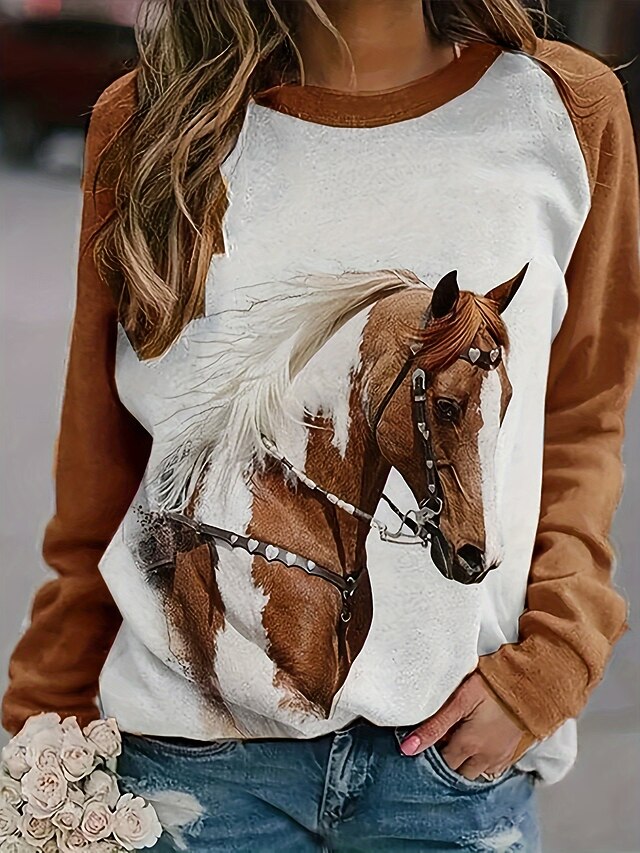 Women's Pullover Graphic Animal Casual Long Sleeve Crew Neck Regular Tops Casual Brown Spring Fall Winter4