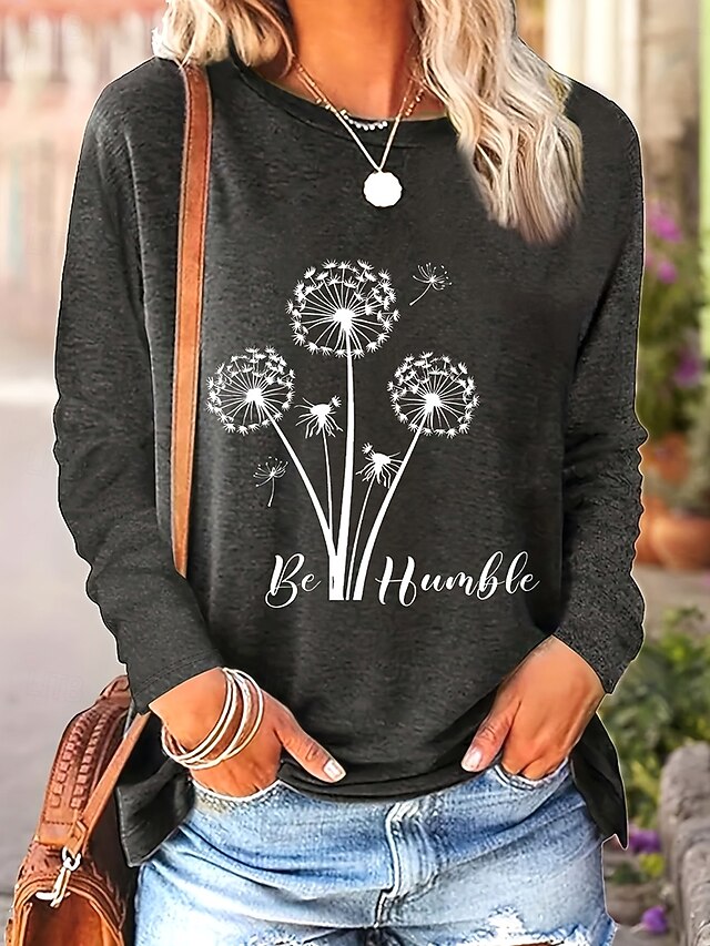  Dame T-shirt Trykt mønster Blomstret Grafisk Planter Årgang Stilfuld Klassisk Langærmet Rund hals Almindelige toppe Daglig Sort Dusty Rose Dusty Blue Kakifarvet Sommer Forår Efterår