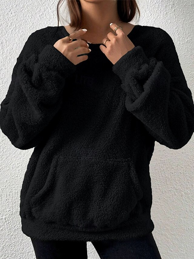 Women's Hoodies Plain Streetwear Casual Long Sleeve Crew Neck Regular Tops Street Holiday Pocket Black Fall Winter4