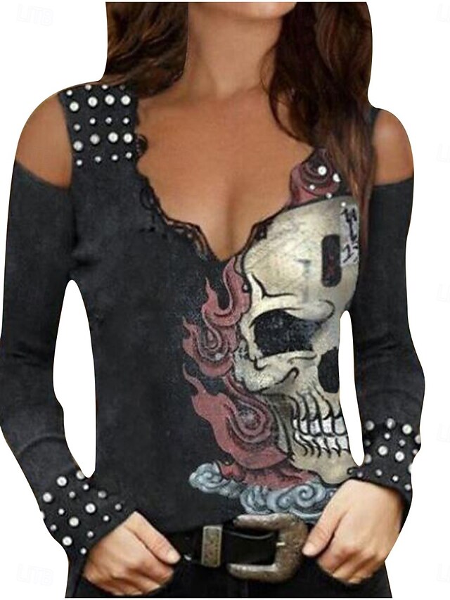  Halloween Kvinnors Blus Blommig Stilig Avslappnad Långärmad V Neck Regelbundna Tops Daglig Tryck Svart Röd Khaki Mörk Grå Sommar Vår Höst