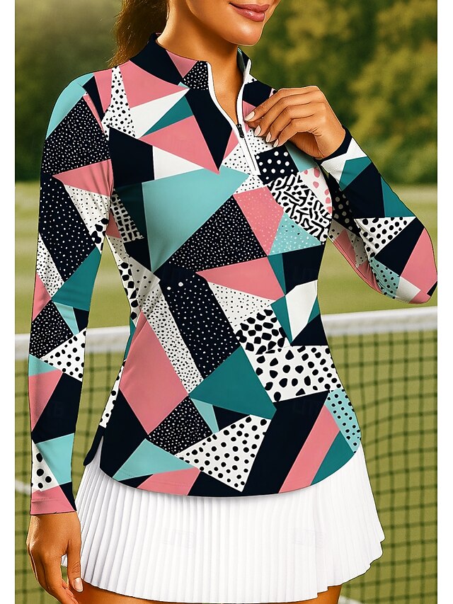 Women's Geometric Tops Golf Polo Shirt Tennis Shirt Tennis Sweatshirt Long Sleeve Print Quarter Zip Pullover UPF50+ UV Protection Elastic Breathable Volleyball Tennis Golf Stand Collar Zip Collar4
