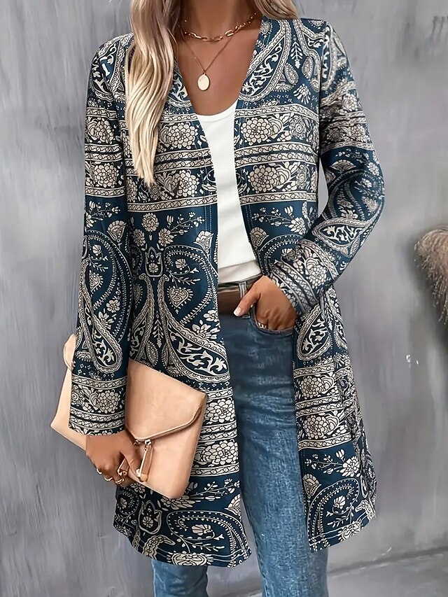  Femmes Manteau d'Hiver Trench Léger Confortable Imprimé Front ouvert ancien Mode Occasionnel Fleuri Vacances Occasionnel Long Sans Col Coupe régulière manche longue Vêtements d'extérieur Bleu Violet